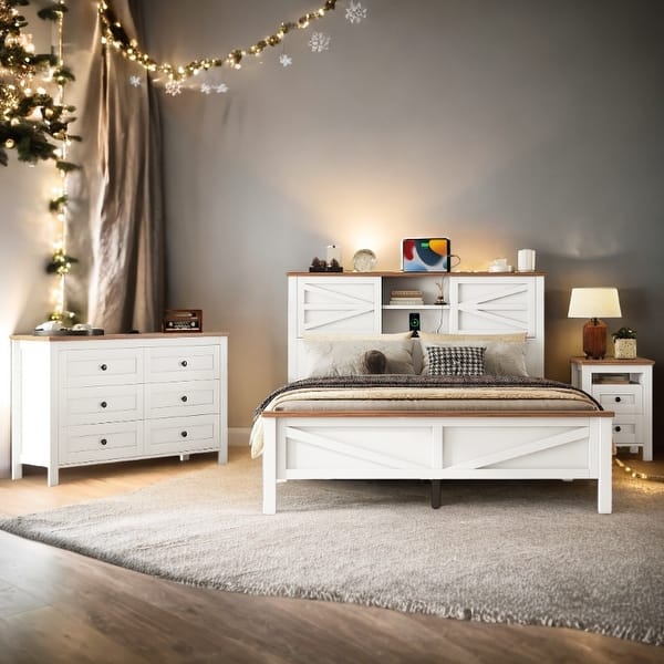 slide 2 of 4, 3-Piece Queen Size Bedroom Set - Farmhouse Platform Bed with Double Sliding Door Storage Headboard, Nightstand, and Dresser White