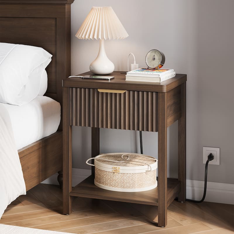 Nightstand with Drawers Fluted Bedside Table with Charging Station