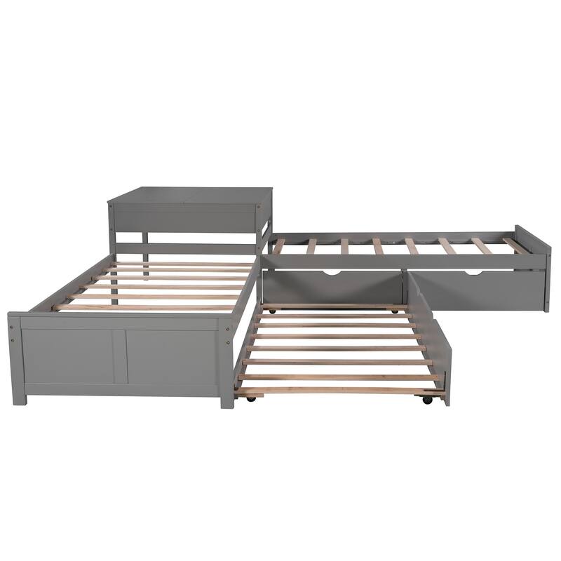 L-Shaped Platform Bed With Trundle And Drawers Linked With Built-In Desk,Twin