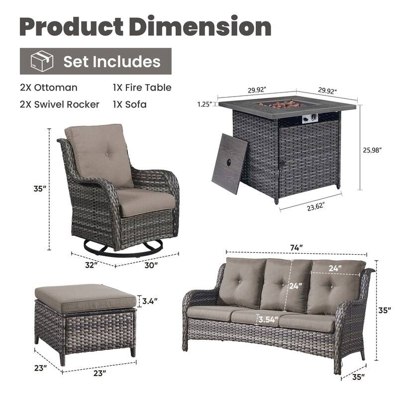Gymojoy 6-Piece Outdoor Wicker Patio Furniture with Fire Pit Table, Rattan Coversation Set with Water Resistant Thick Cushions