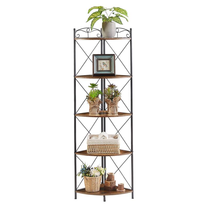 VECELO 5-Tier Corner Bookshelf, Brown Fan-Shaped MDF Shelf with Black Metal Frame Open Storage Organizer for Living Room Bedroom - 1 PCS