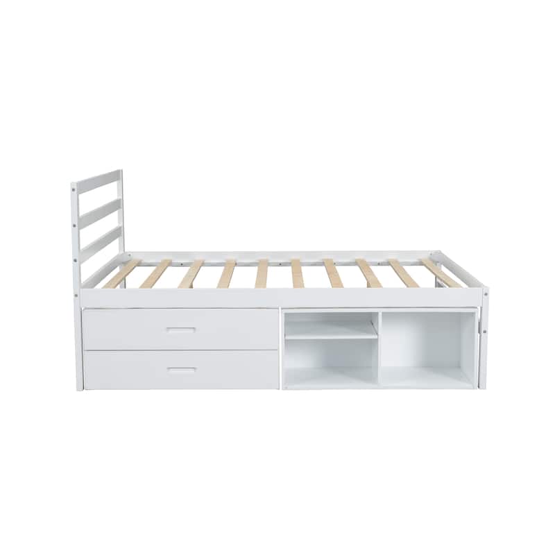 Wood Platform Bed with Removable Storage Shelves and Two Drawers