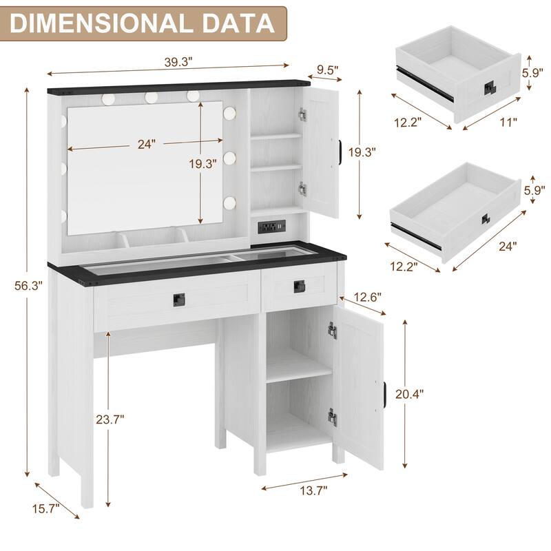 39.3" Farmhouse Makeup Vanity Desk with Mirror and LED Lights, Rustic Vanity Table