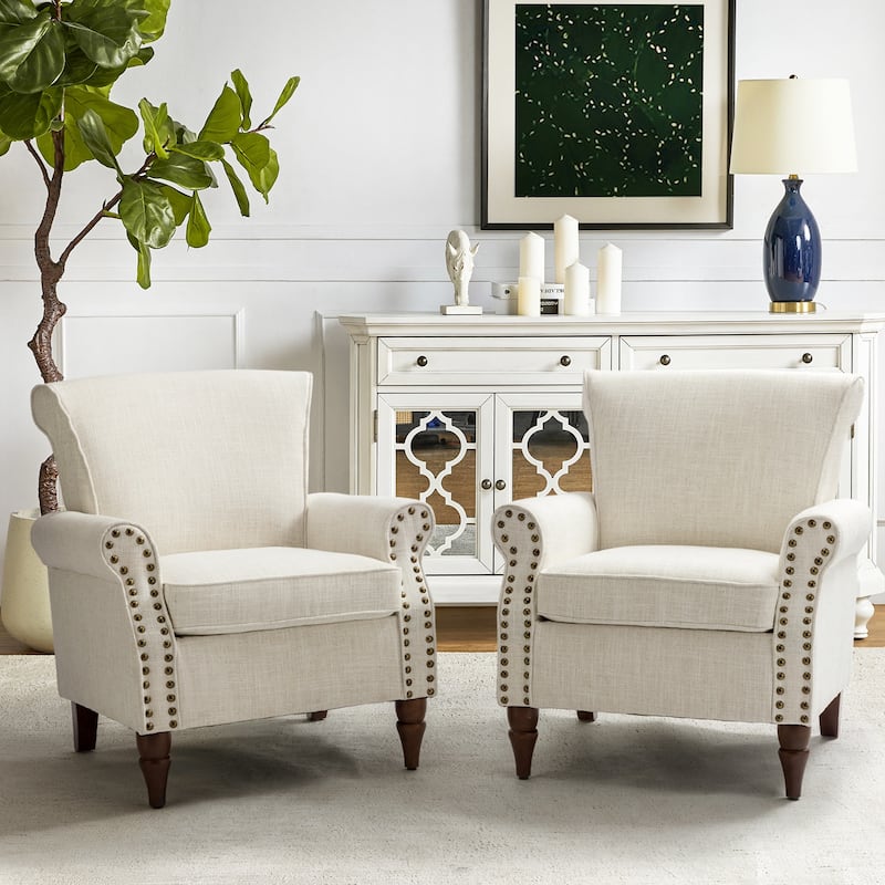 Nyctelius Upholstered Comfy Accent chair with Turned Wooden Legs and Nailhead Trim Set of 2 by HULALA HOME