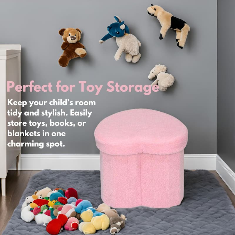 Aria Home Pink Heart Shaped Teddy Fabric Storage Ottoman for Kids Room