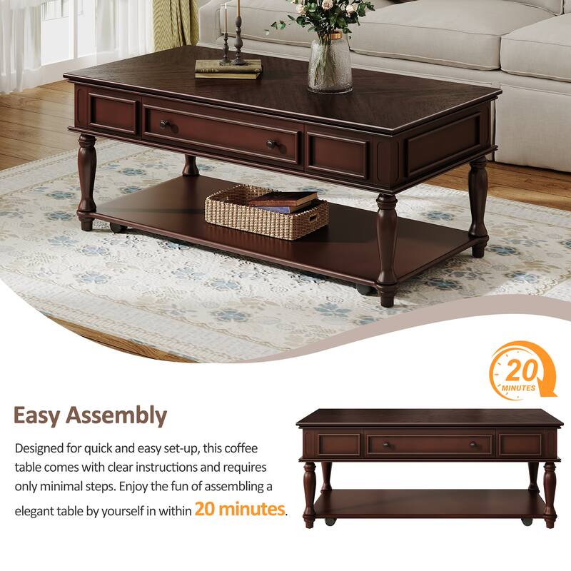 Roomfitters Farmhouse Coffee Table, Retro Wooden Center Table with Drawer, Wheels, and Solid Wood Legs