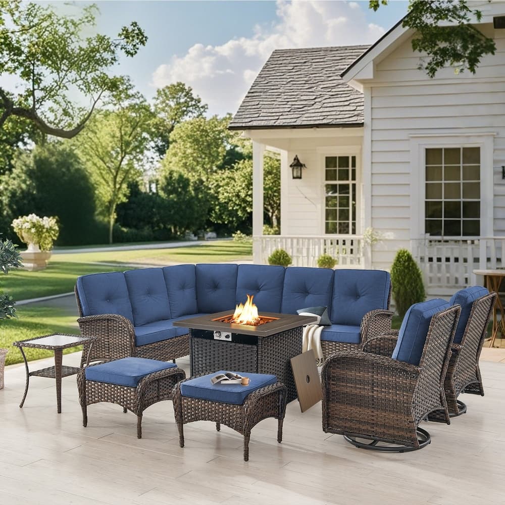 Gymojoy L-Shaped Outdoor Sectional Sofa Set with Fire Pit, Swivel Chairs & Ottomans