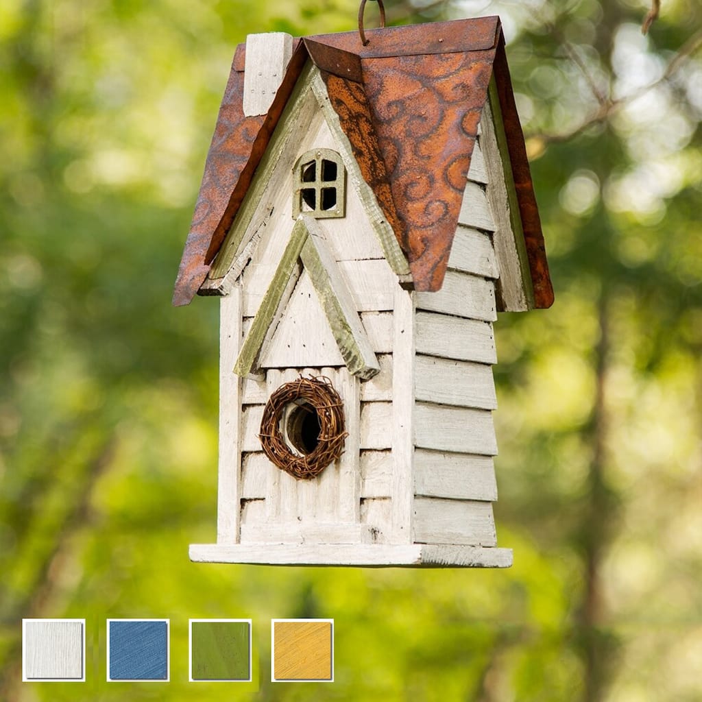 Glitzhome 12"H Retro Distressed Painted Solid Wood Cottage Birdhouse