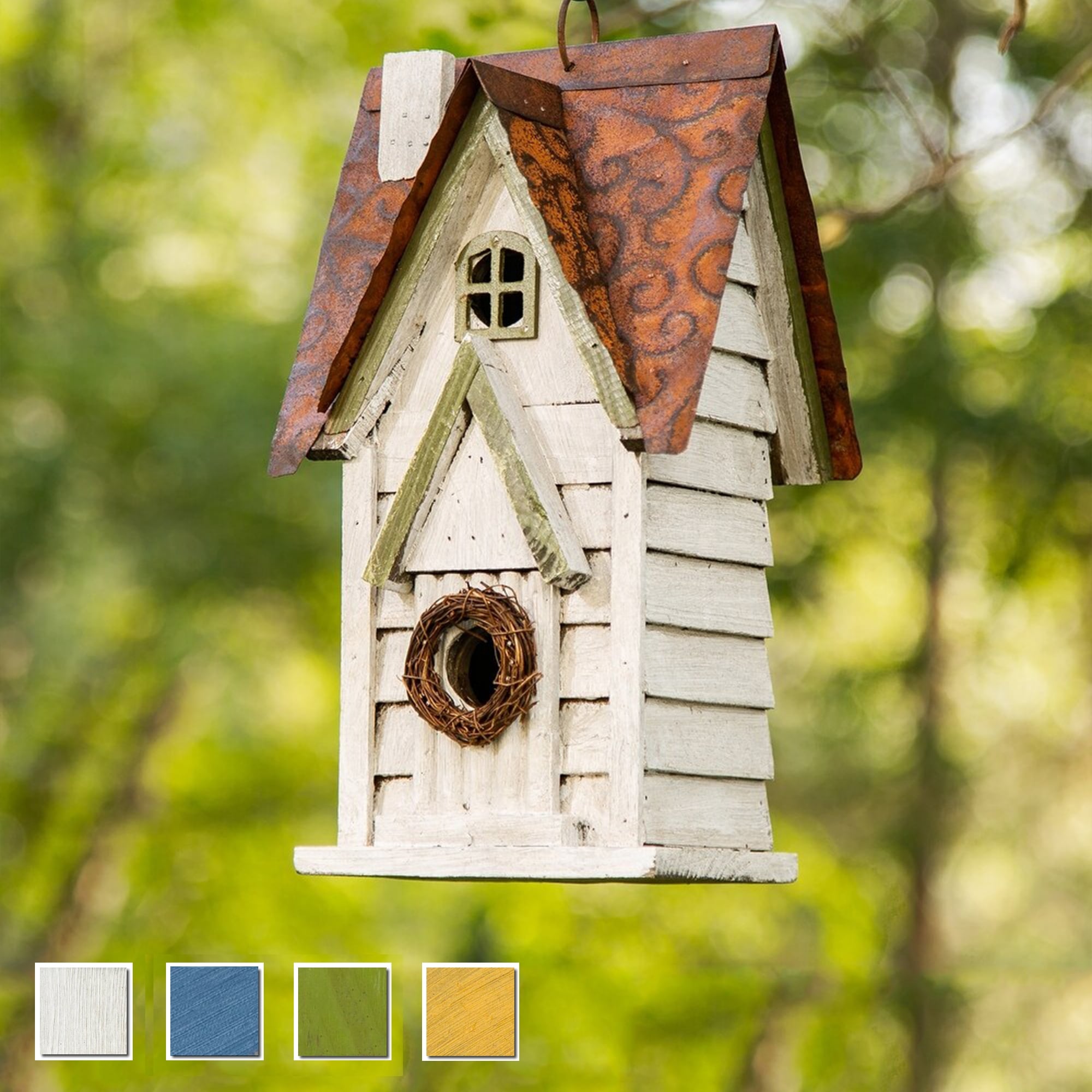 Glitzhome 12"H Retro Distressed Painted Solid Wood Cottage Birdhouse