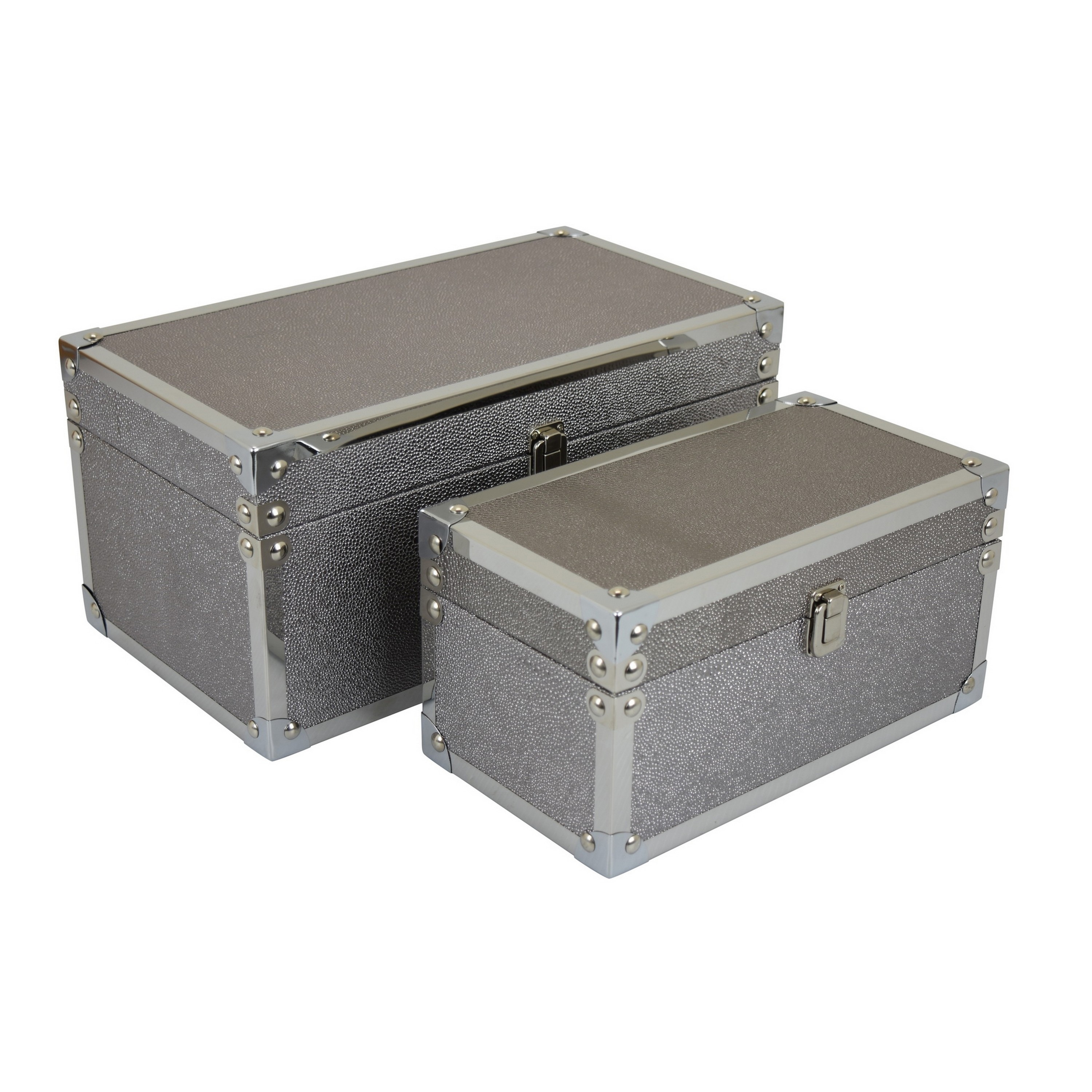 Mecca Storage Box Set of 2, Rivet Accents, Chrome Metal, Silver