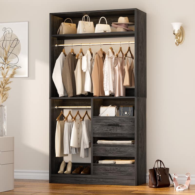 36'' W Freestanding Walk-in Closet Organizer System with 2 Hanging Rods and 3 Wood Drawers