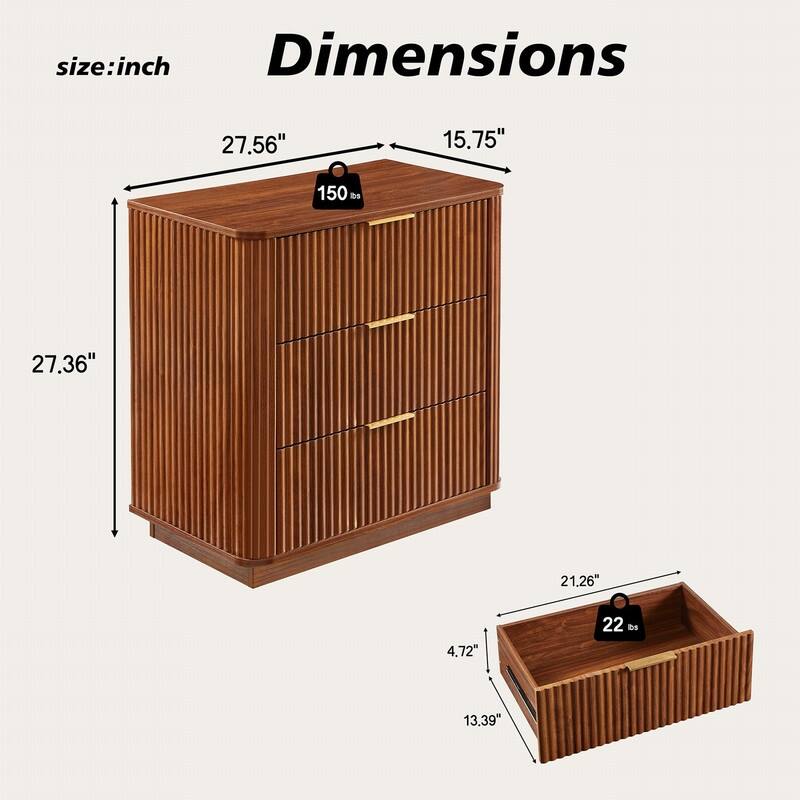 Modern Fluted 3-Drawer Dresser Nightstand with Easy Clean Waterproof Surface (Set of 2)