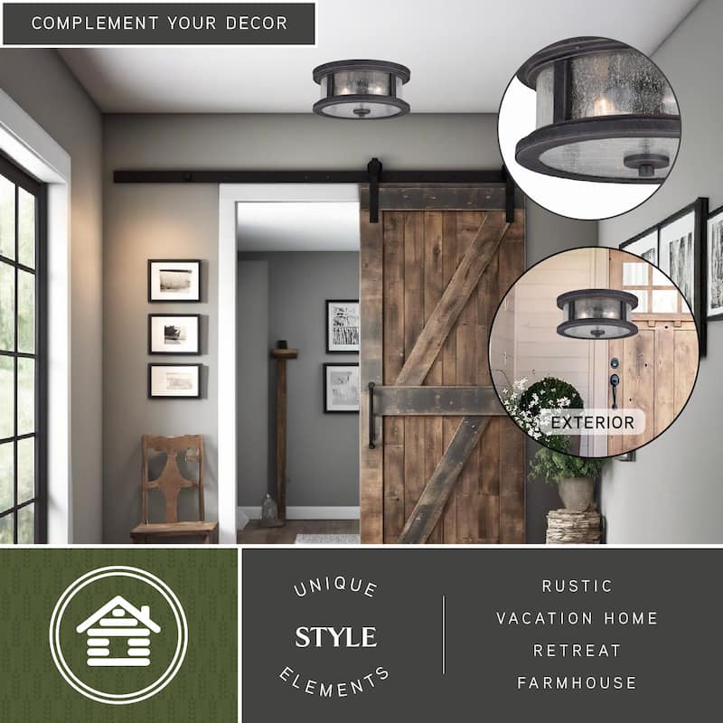 Cumberland Iron Bronze Rustic Outdoor Flush Mount Ceiling Light with Edison Bulbs - 13-in W x 6-in H x 13-in D