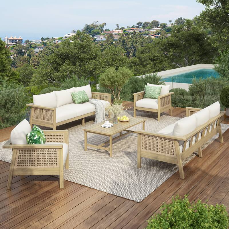 Christopher Knight Home - Modern 5-Piece Outdoor Acacia Wood and Wicker Conversation Set with Removable Cushions & Coffee Table - Light Teak Finish+Cream