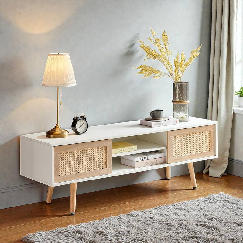 55" Rattan TV Stand with Sliding Doors, Mid Century Media Console with Adjustable Shelf & Solid Wood Legs for Living Room