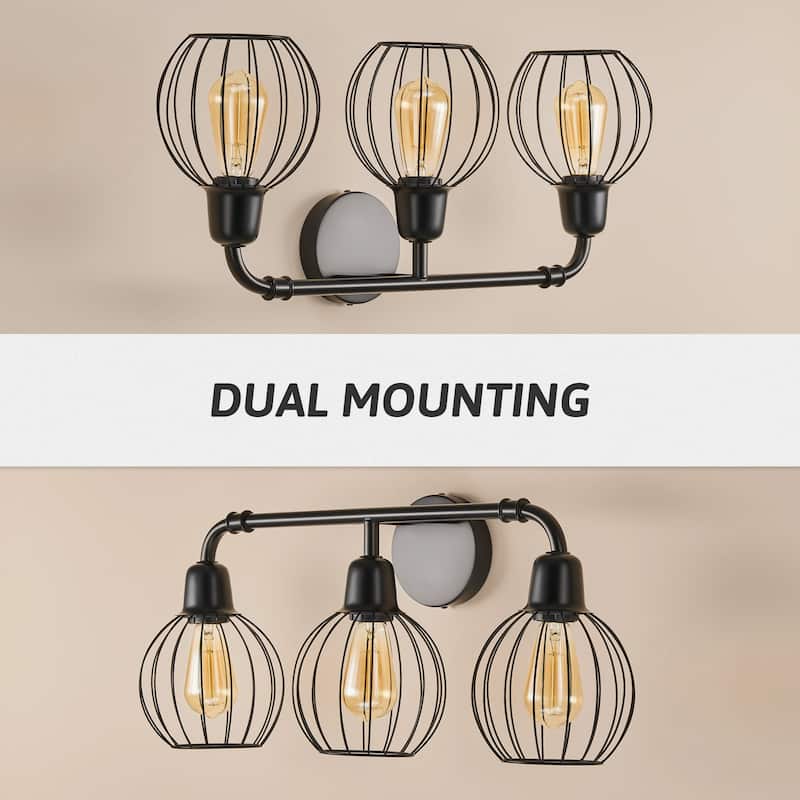 3-Light Industrial Vanity Light Wall Sconce with Cage Shades, Black