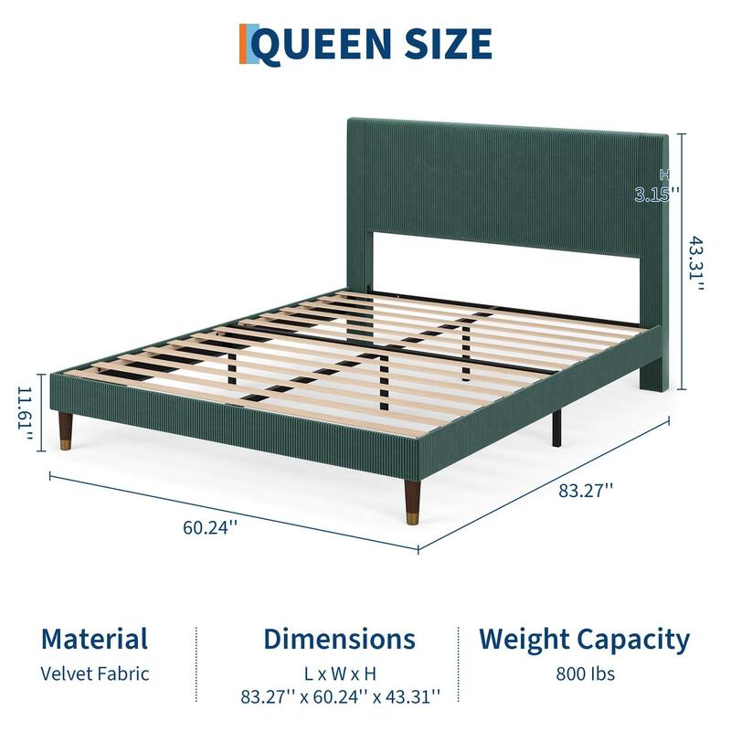 Upholstered Platform Bed Frame, Fabric Headboard and Wooden Slats