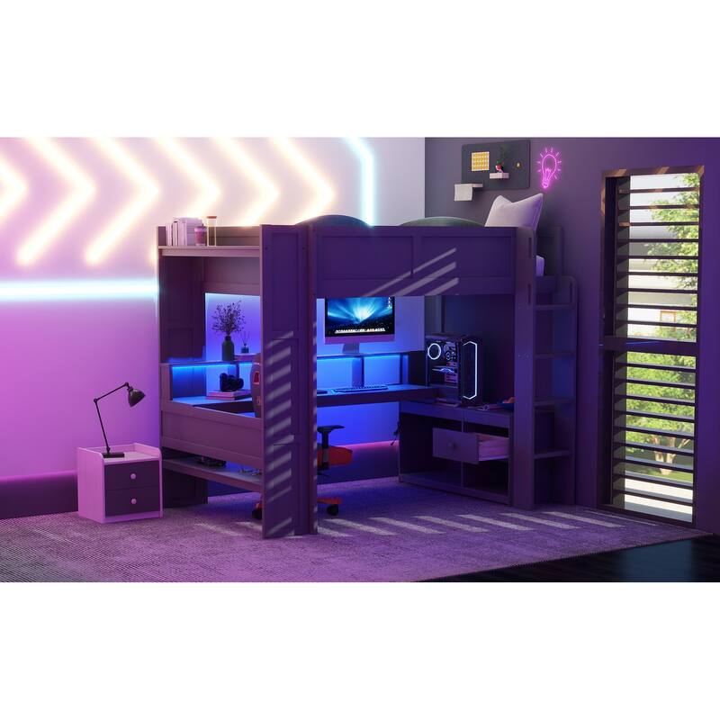 Full Size Loft Bed with Built-in Desk, LED Shelf Lighting, Charging Ports, and Storage Cabinet, Dark Gray Wood Frame