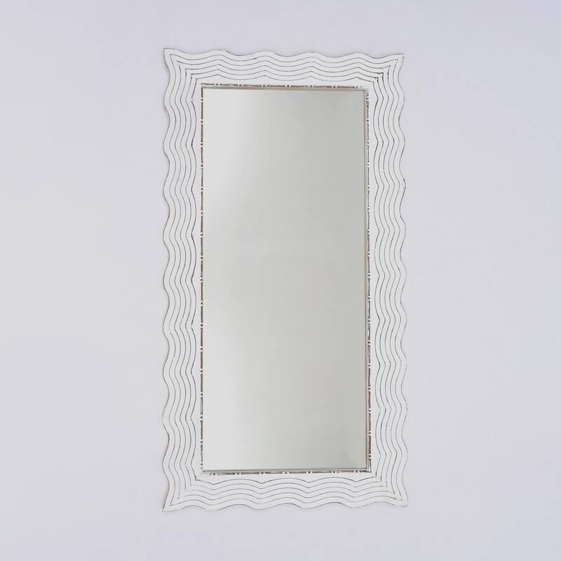 Rustic White Solid Wood Handcarved Wave Design Rectangle Mirror Accent-36"x72"