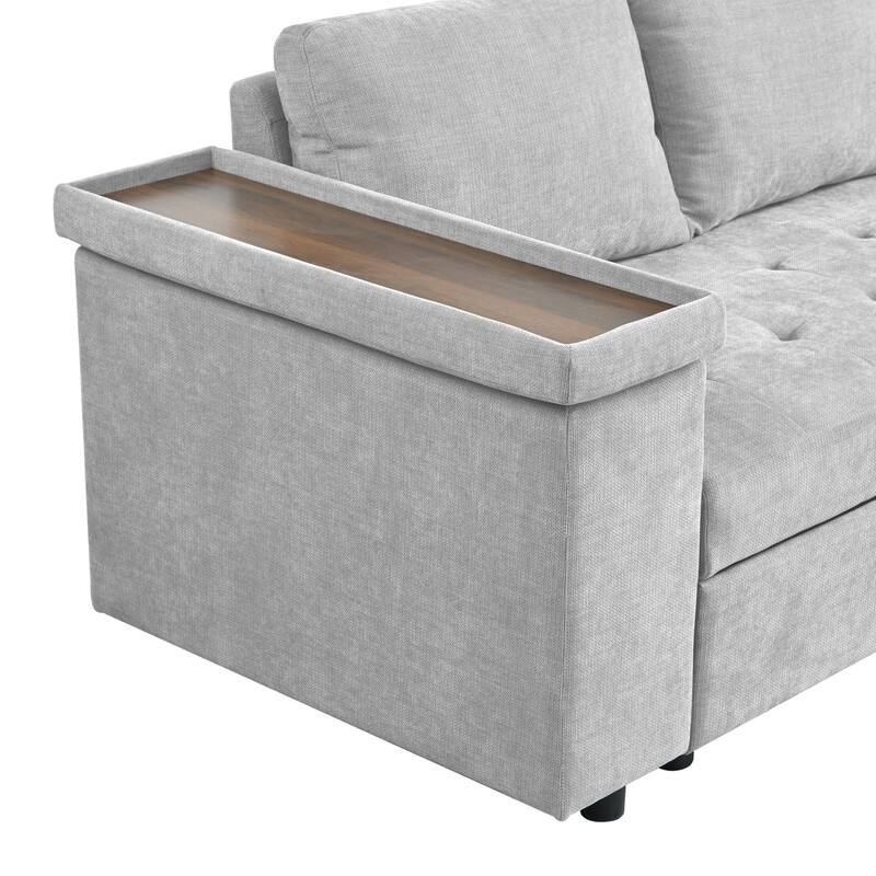 91.5" Polyester L-Shaped Sectional Sofa with Pull-Out Bed, Hidden Storage and Wide Storage Armrests
