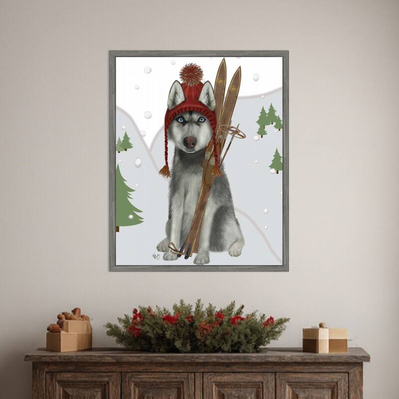 Husky Skiing by Fab Funky (23 x 28 in.), Framed Canvas Wall Art Print - Sylvie Greywash