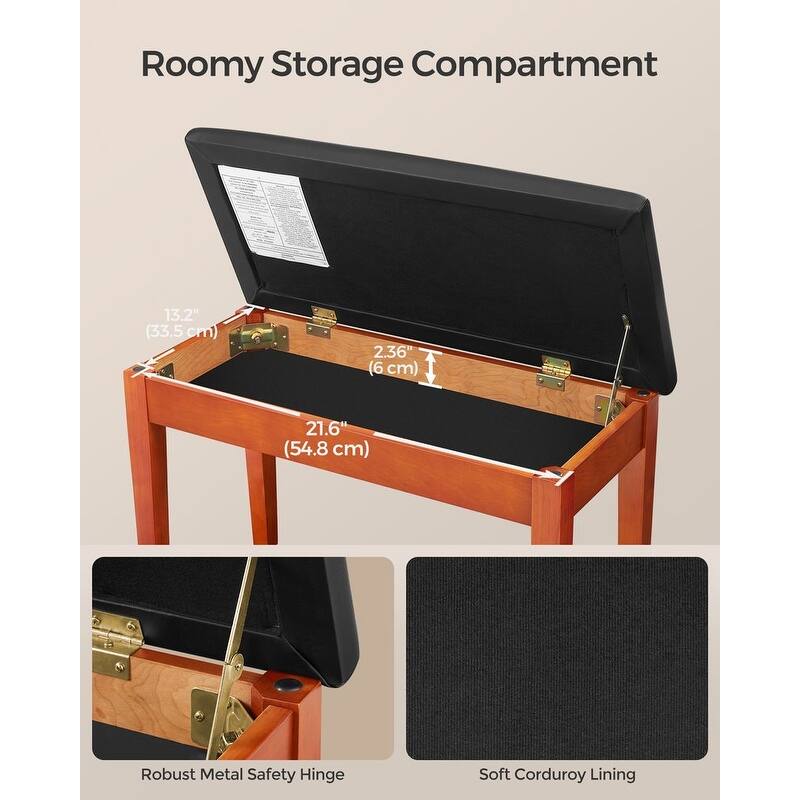 Solid Wood Adjustable Duo Piano Bench with Storage Compartment and Faux Leather Cushion - 13.4”D x 29.1”W x 19.7”H