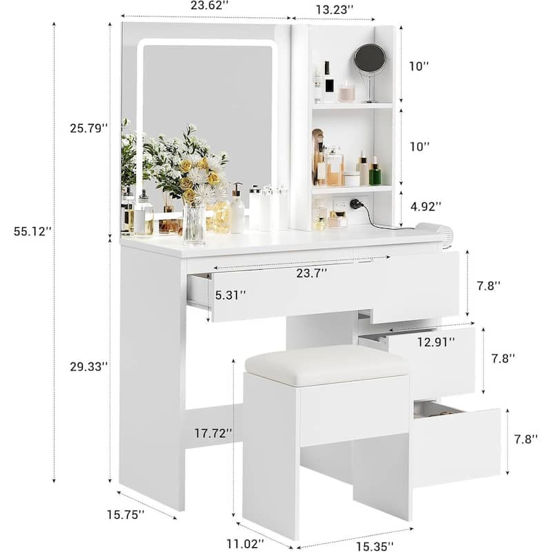 4 Drawers Vanity Desk with Power Outlet, Stool, Mirror and LED Light