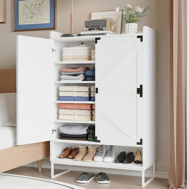 2 Doors Shoe Cabinet with Adjustable Shelves, 6 Tier Shoe Storage Cabinet 24 Pair Wood Shoe Shelves for Entryway