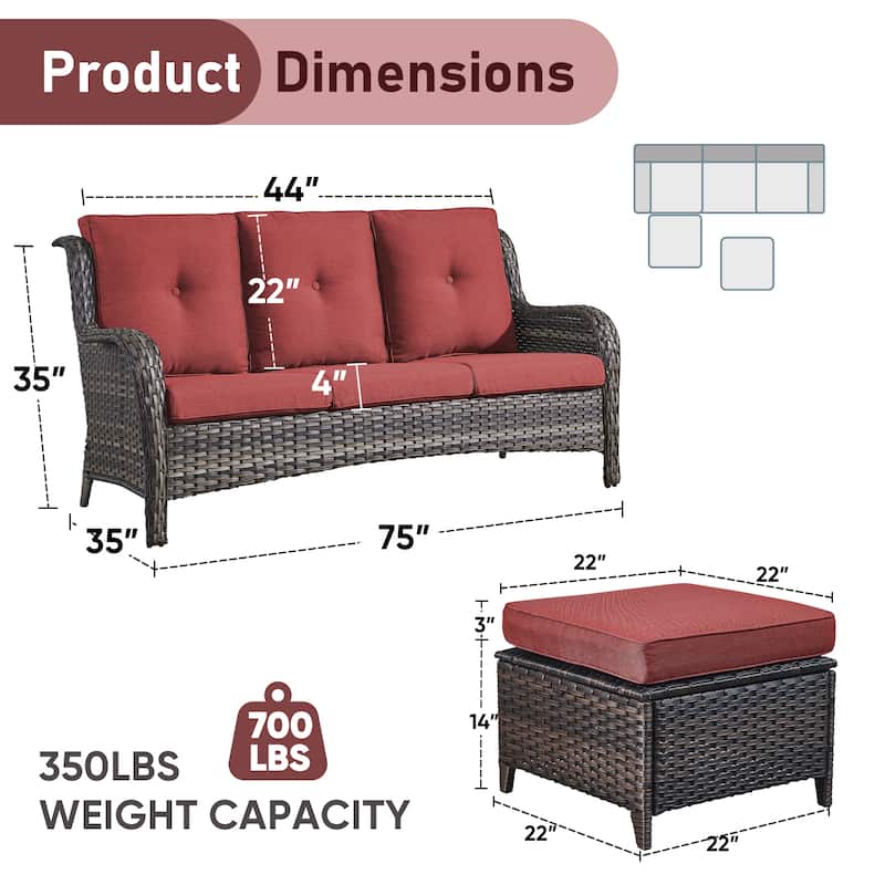 Gymojoy Patio Wicker 3-Seat Sofa with Ottoman