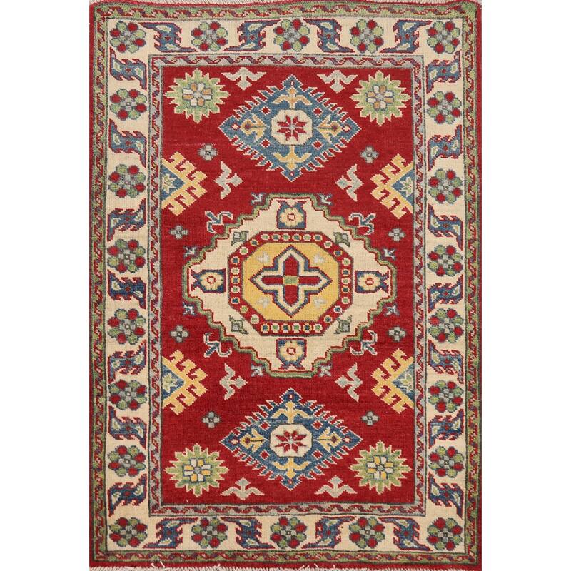 Red Geometric Kazak Foyer Rug Handmade Wool Carpet - 2'9"x 3'9"