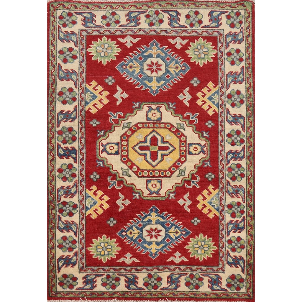 Red Geometric Kazak Foyer Rug Handmade Wool Carpet - 2'9"x 3'9"