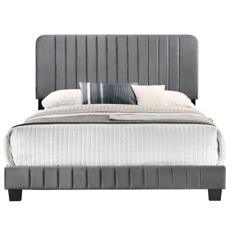 Solid Velvet Upholstered Channel Tufted Queen Panel Bed - 86" - Gray
