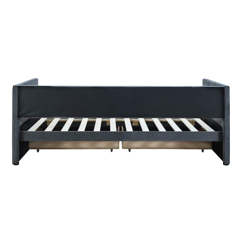 Twin Size Corduroy Daybed with Two Drawers and Wood Slat - Gray