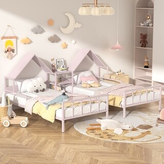 Pink Twin Size Metal Double Platform Bed with House-shaped Headboard and a Built-in Nightstand