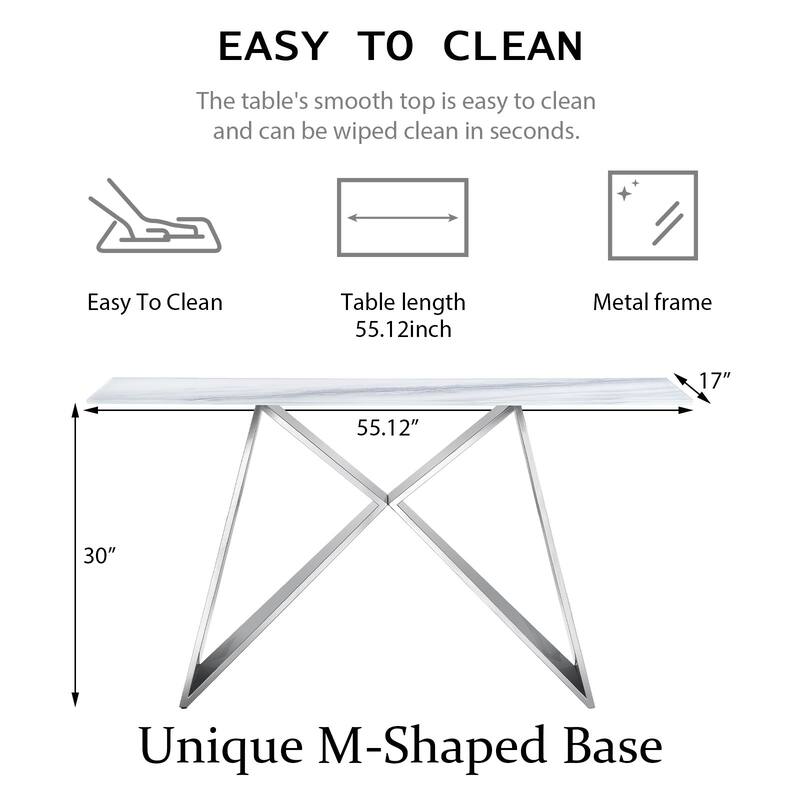 55 inch Rectangle White Glass Console Table with Mirrored M-Shaped Base