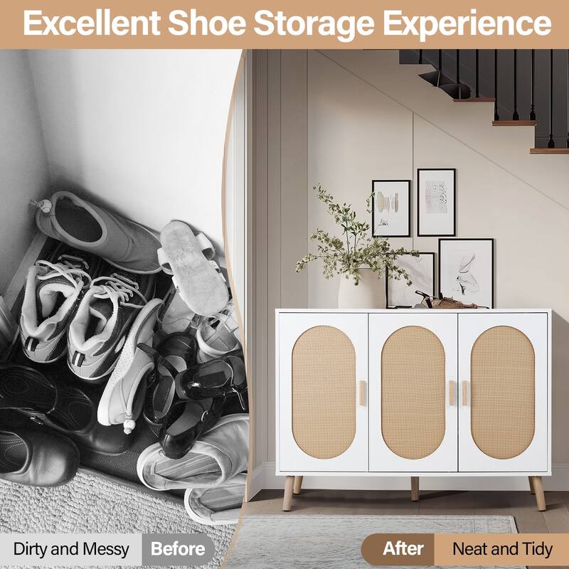 3-Door Shoe Cabinet with White Frame and Oval Rattan Surface Perfect for Home Entry Storage - 44.49"L × 15.75"W × 32.87"H