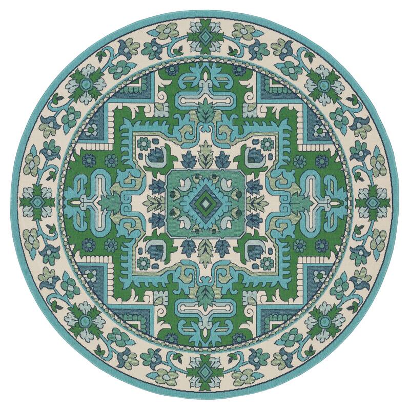 Miramar Oriental Medallion Blue/ Green Indoor/Outdoor Area Rug - 7'10" Round