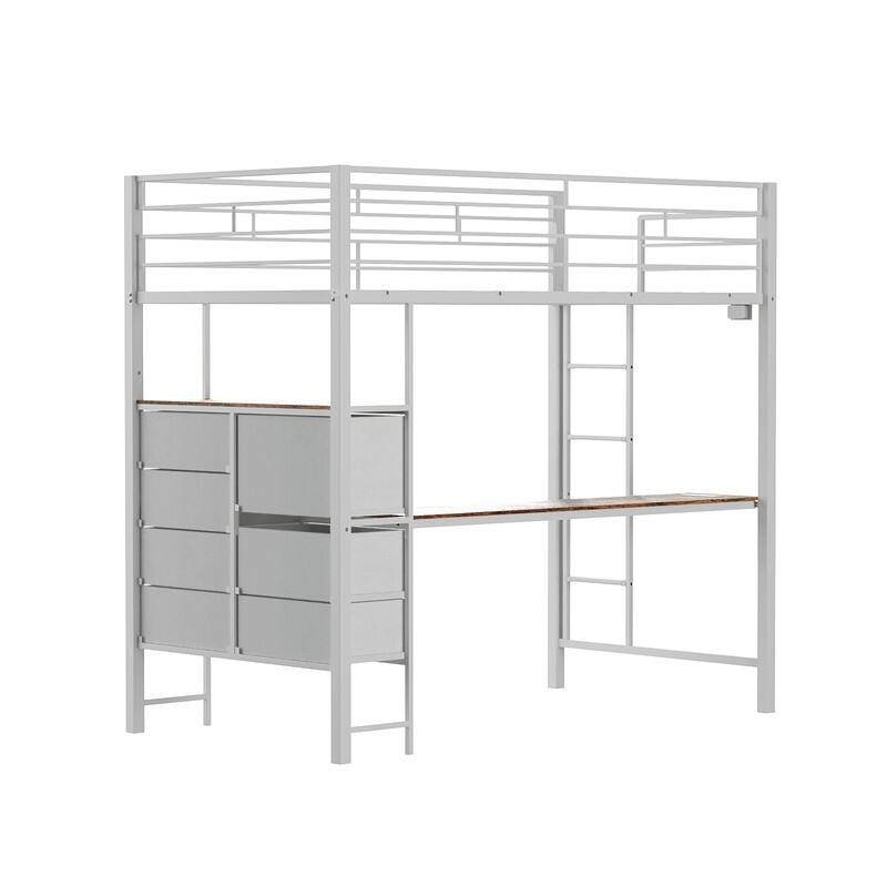 Metal Loft bed with 1 Desk,7 drawers,LED Light,Charging Sockets and Ladder