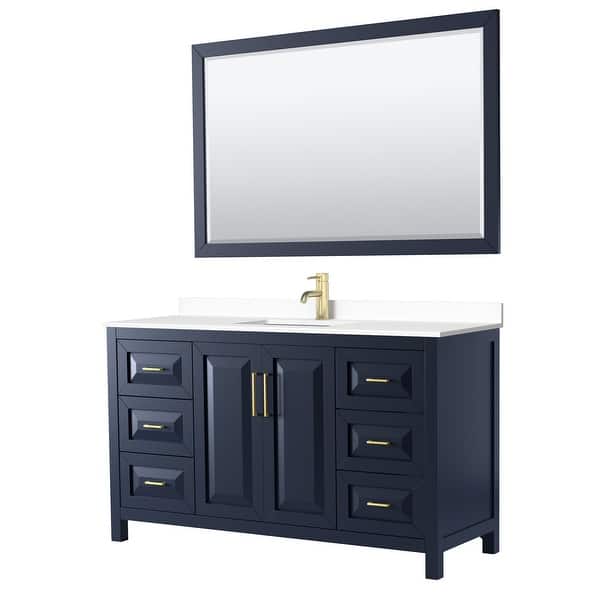 slide 2 of 73, Daria 60 Inch Single Vanity, Cultured Marble Top, 58 Inch Mirror Dark Blue, Gold Trim, White Cultured Marble Top
