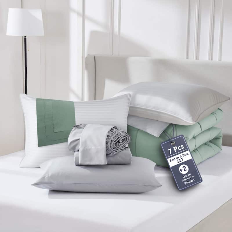 Emperyan Reversible Comforter Set Bed in a Bag with Down Alternative Pillow - Twin - Sage Green/Twin