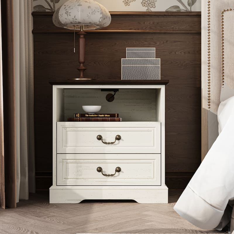Farmhouse Nightstand with 2 Drawers, Open Shelf & Power Port, Rustic Bedside Table, Antique Brass Handles, White/Grey - Light Wood