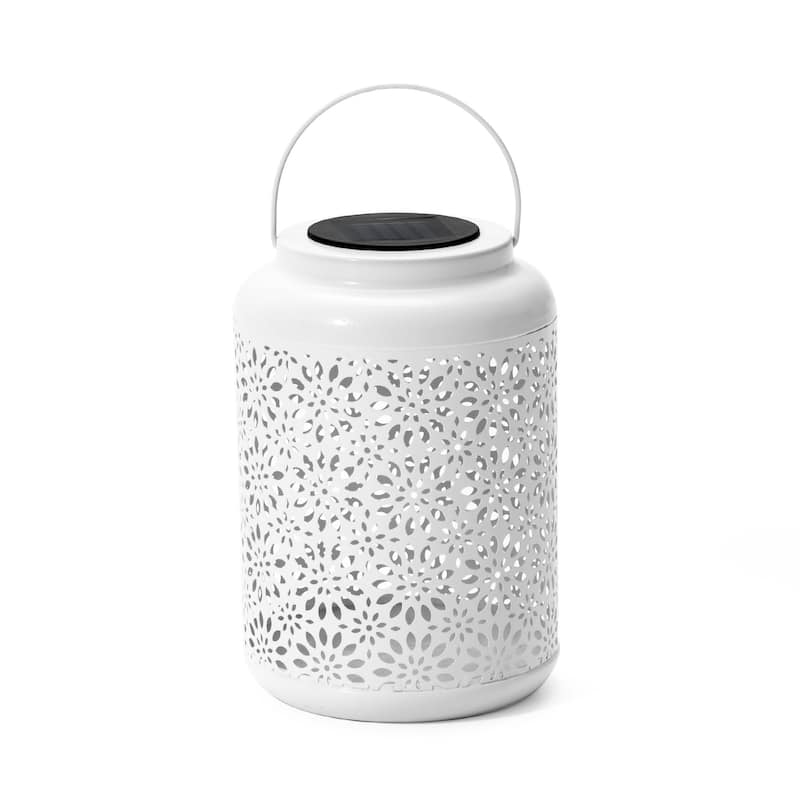 Glitzhome Set of 2 Metal Flower Solar Powered Outdoor Hanging Lantern - White-1 pc