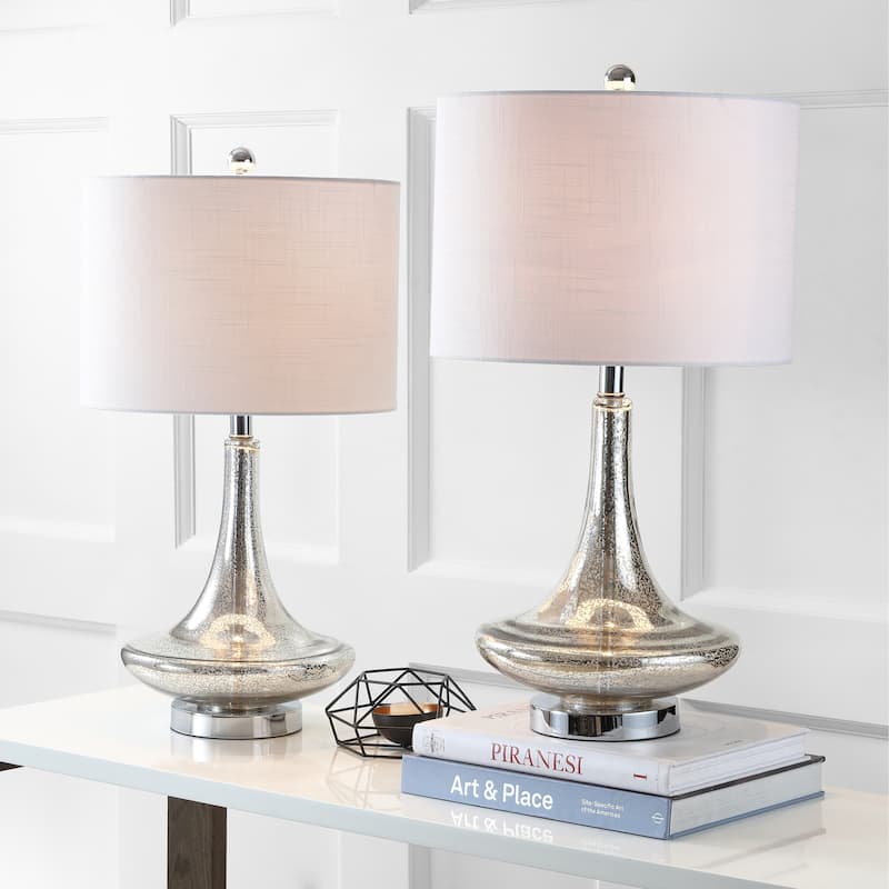 Ames 25.5" Glass Teardrop LED Table Lamp, Mercury Silver/Chrome (Set of 2) by JONATHAN Y - Mercury Silver