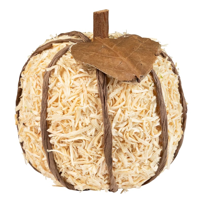 Textured Shredded Wood Pumpkin Fall Harvest Decorations- 3.5" - Orange and Green - Set of 6