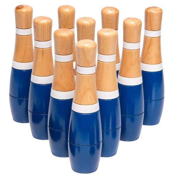 slide 2 of 10, Indoor/Outdoor Backyard Lawn Bowling Game with10 Wooden Pins, 2 Balls, and Mesh Carrying Bag (8-Inch) Blue & White