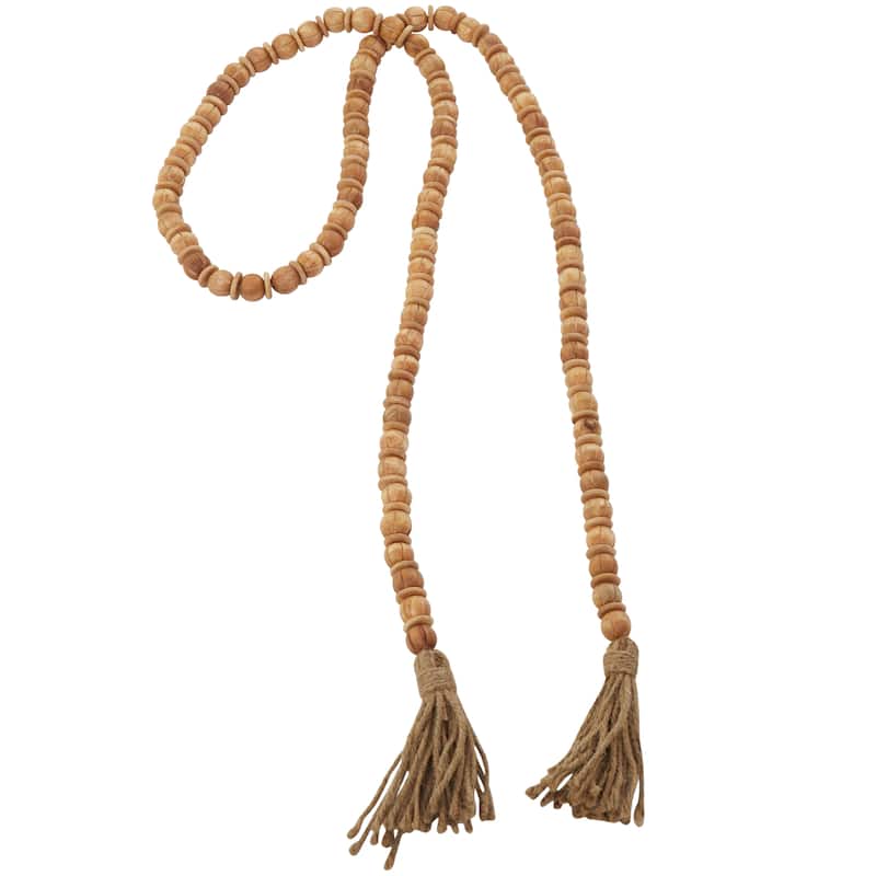 Brown Mango Wood Handmade Round Long Carved Beaded Garland with Tassel