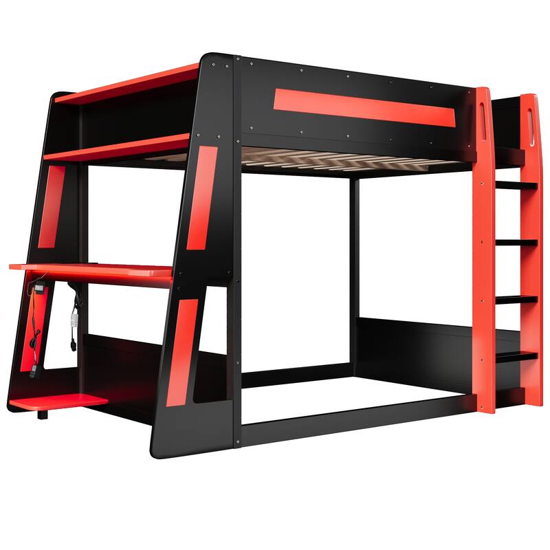 Gaming Bunk Bed with Computer Desk, Storage Shelves, USB Port and LED Strip Lighting, Esports Design, Wooden Gaming Bed