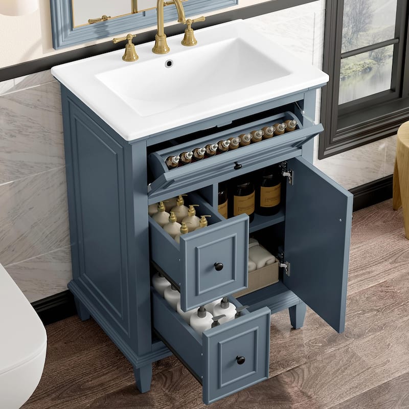 24" Bathroom Vanity with Sink, Bathroom Vanity Cabinet with One Flip Drawer and Two Drawers, Adjustable Shelf