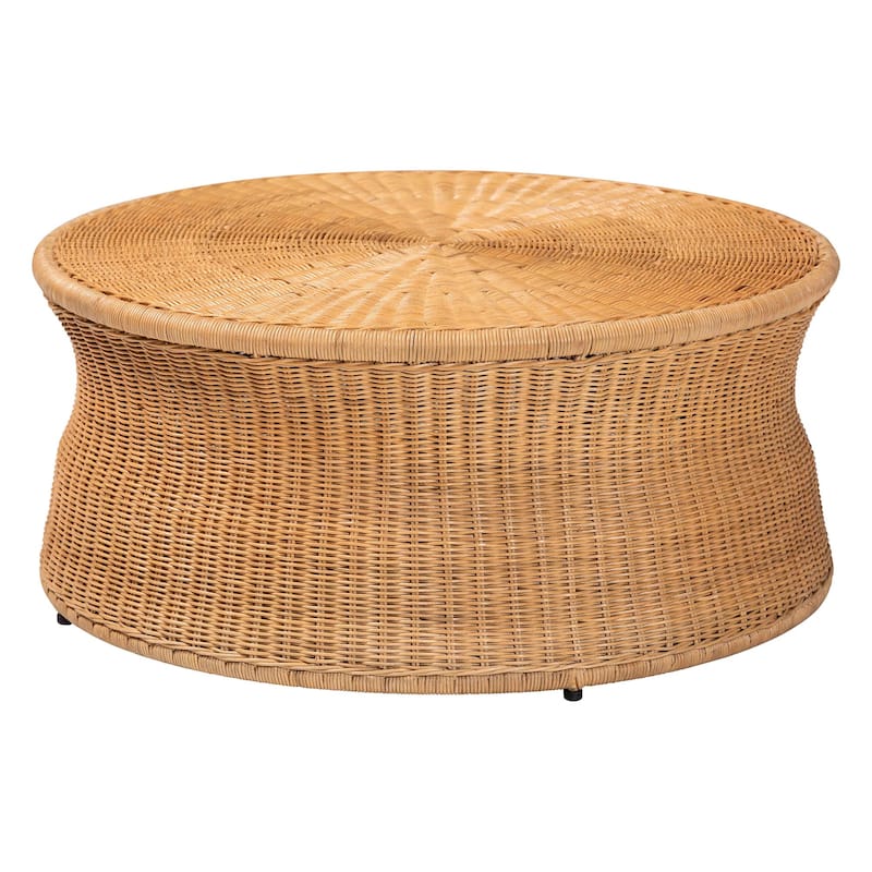Caroline Round Natural Rattan Coffee Table - Handwoven Wicker Drum Shape Accent Table for Living Room or Sunroom, Light Honey - Light Honey