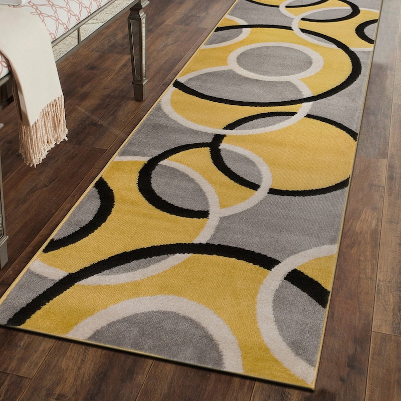 World Rug Gallery Modern Abstract Circles Area Rug - 2' x 7'2" Runner - Yellow - Runner/Rectangle